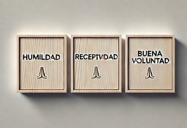 "Principios de humildad, receptividad y buena voluntad escritos en tablas de madera.