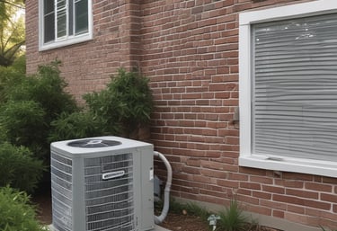 A series of air conditioning units are mounted on a metal structure outside a building with white paneling. Two large windows are visible behind the units, revealing the indoors with fluorescent lighting.