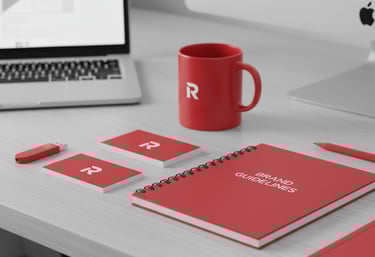 a desk with a laptop, notebook, and branding products