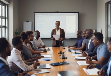A group of people is engaged in a training session in a conference room setting. A presenter is standing and holding a sheet of paper, addressing the group seated at a round table. The attendees are actively listening, and there's a banner in the background advertising UX training. The room is well-lit, with a flipchart visible at one side.