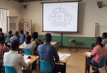 A group of six people are seated around a wooden conference table, engaged in a team meeting. Each person has a laptop in front of them, with the central figure speaking and others listening attentively. The room has a modern appearance, with a whiteboard on the wall and a potted plant in the corner.