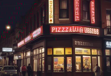 A city street at night featuring illuminated signs for a pizzeria named Pizzeria Rossi, established in . The shopfront includes a black sign with white script and a red and yellow crown emblem above. Streetlights are on, and a few cars and pedestrians can be seen.