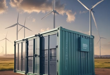 The image depicts a showroom or demonstration area showcasing various energy storage and conversion devices. Several white battery systems are stacked or aligned neatly. In the background, there is a diagram on the wall illustrating a solar energy system, including components like PV arrays, lithium batteries, inverters, and generators. A few blue battery cells are displayed on shelves to the right.