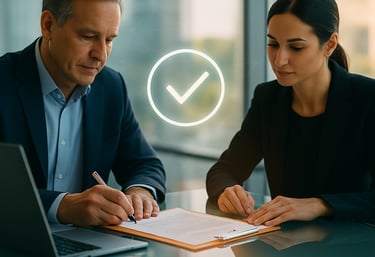 a man and woman sitting at a desk with a checklist talking about quality assurance in care
