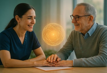 a man and woman sitting at a table with a light bulb talking about person centred care