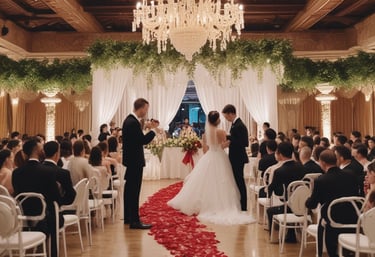 A formal event setup features tables adorned with elegant decorations including white flowers, glass candle holders, and a reflective centerpiece. Blue laser lights cross the room, creating a dynamic ceiling effect. The ambient lighting casts a starry atmosphere, while chairs are neatly arranged around each decorated dining area.