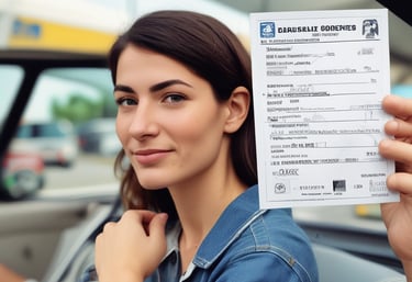 A professional driving instructor assessing a student in a car during a driving test.