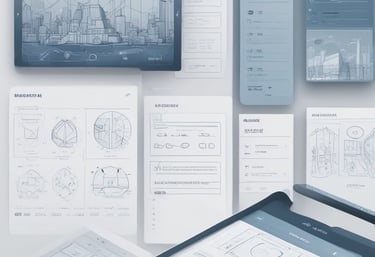 alt="UX/UI design wireframes and user flow diagrams shown in a clean minimalist interface layout"