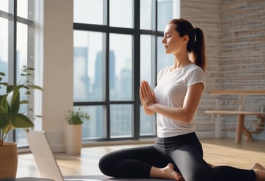 A woman is performing a seated side stretch on a yoga mat indoors, with her back facing the camera. Her hair is styled in two small buns, and she is wearing a dark t-shirt and leggings. A laptop displaying a yoga video is placed in front of her on the floor.