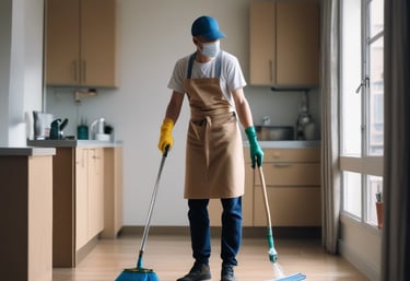 A professional cleaner using equipment to sanitize a large commercial area.