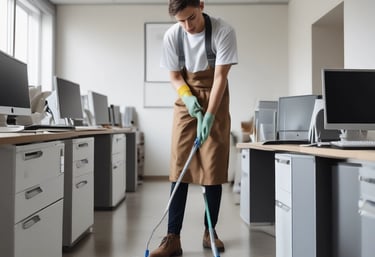 A professional cleaner using a vacuum in a modern office space.