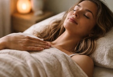 a woman laying on a treatment table with her eyes closed