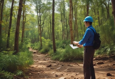 An industrial site with safety equipment and environmental signage, illustrating safety practices.