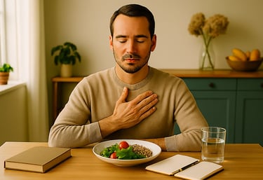 Homem calmo respirando profundamente antes da refeição, ilustrando controle da ansiedade alimentar.