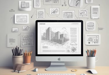 A laptop displaying a website design with the phrase 'Build your dream website.' next to a minimalistic building image. The scene also includes a modern mug and a smartphone placed on a wooden desk.