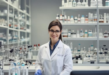 A person is standing in a laboratory, working on a laptop. The lab is equipped with various scientific instruments and glassware is visible on the shelves, including beakers and burettes containing different colored liquids. The atmosphere is well-lit with natural light coming from a large window.