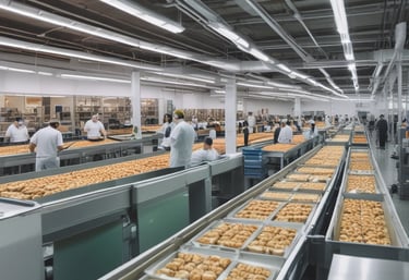 A factory setting with workers sorting appleson a conveyor belt. The space is well-lit with fluorescent lights and features industrial equipment. Workers are wearing protective clothing and hairnets.