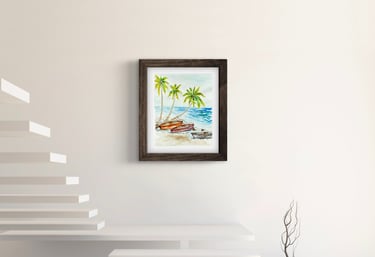 watercolor painting of three boats and three palms tress with the ocean and a brown picture frame