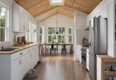 An interior view of a spacious, well-lit modular home with contemporary furnishings.