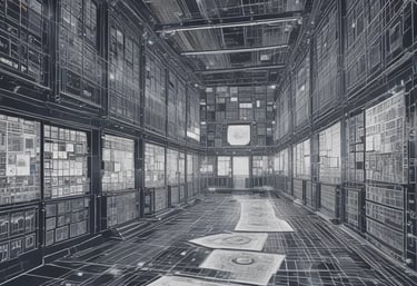 Large blue letters 'AI' stand prominently on a surface covered with a pattern of hexagonal shapes. Dark swirling lines intersect around the letters, creating a sense of motion and complexity. The background has a metallic sheen with a futuristic, digital style.