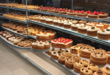 A bright, modern bakery with an assortment of pastries displayed on a wooden counter. Numerous small cream-filled pastries with decorative toppings rest on a metal tray in the foreground. Behind them are various bread and pastry items, including rolls and croissants. In the background, people are seated at tables near large windows, creating an inviting, social atmosphere. Overhead lights add to the cozy ambiance.