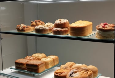 Three lemon ricotta cakes are displayed on a metallic stand under a glass dome. Each cake is topped with creamy frosting. Two additional treats are under separate glass domes: one contains almond flour peanut butter cookies stacked neatly, and another has a chocolate-coated dessert with a tag. The scene is set near a window with raindrops, and the background shows a blurred street with a parked car.