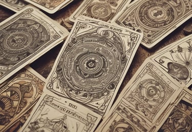A wooden table with several tarot cards laid out, depicting various images and symbols. A person's hands are visible, holding a deck of cards ready for reading. The atmosphere suggests a moment of concentration and mystery.
