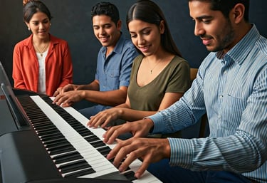 Personas aprendiendo a tocar el piano