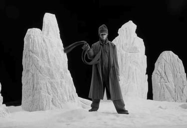 Aukštosios mados modelis, vilkintis avangardinį paltą ir skrybėlę, pozuoja snieguotame kalnų peizaže