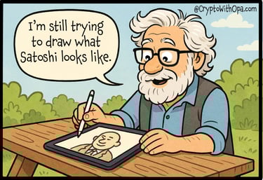 Old man caricature artist with iPad drawing Satoshi.