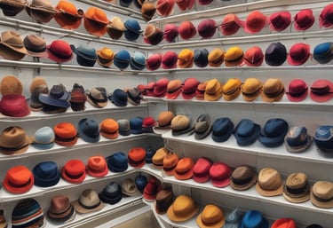 A retail display inside a store featuring outdoor or casual clothing and accessories arranged on a white board. Items include a green long-sleeve shirt, gray pants, a pair of green and beige shoes, a green hat, sunglasses, a pair of white socks, a small green item, and a blue pouch. In the background, shelves are stacked with blue and white shoe boxes.