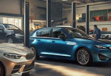 A blue car is inside a car service center qatar