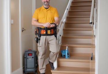 An indoor staircase view with two people visible at the top, both wearing face masks. The ceiling is illuminated with modern LED lights, and there's a green emergency exit sign. The stairs are bordered by sleek metal railings, creating a modern architectural feel.