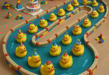 a birthday cake with rubber ducklings in a toy - like shape
