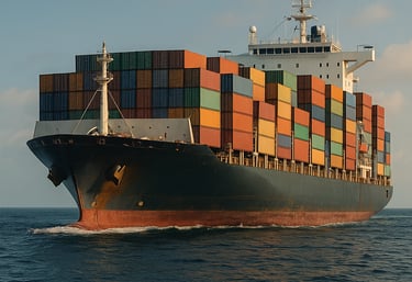 Photograph of a ship on the sea that carry containers of cotton and cotton waste products