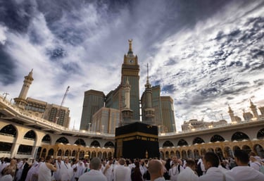 Hajj and Umrah pilgrims praying at the Holy Kaaba in Masjid al-Haram, Makkah.