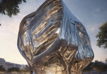 A futuristic building with a large, curved glass and metal structure, featuring geometric patterns and reflective surfaces. The architecture is innovative and modern, with clean lines and an expansive shape.