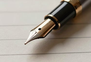 Macro shot of a classic fountain pen resting on structured, high-grammage legal paper, soft lateral natural light from a window, warm tones.
