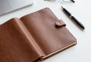 An overhead shot of a clean workspace in a North American office with a leather-bound journal and an elegant pen. The lighting is bright and clear, emphasizing a mood of planning and purpose.