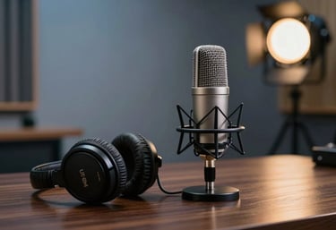 A high-end podcasting studio setup with a modern microphone and headphones on a dark wooden desk. The background shows blurred studio lights in soft slate blue and gold, suggesting professional media production in the US.
