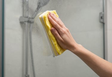 A professional cleaner carefully wiping down a kitchen countertop with a bright smile.