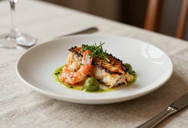 An elegant dinner plate with a gourmet meal, garnishes of fresh herbs, served on a textured linen tablecloth in a cozy home environment.