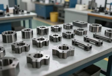 High-quality industrial stamping and mold components laid out on a professional workbench. The scene is shot in a bright, modern Southeast Asian Indonesian industrial environment.