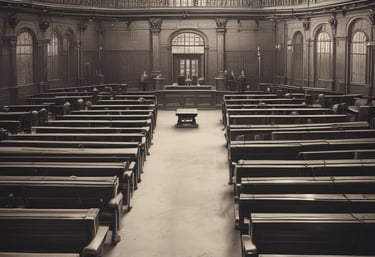 Professional lawyers discussing legal documents in an elegant office with dark green and gold accents.
