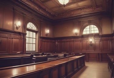 A professional lawyer reviewing legal documents in a dark green and gold themed office.