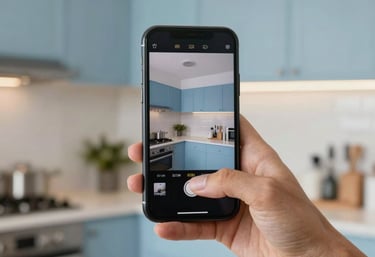 A resident holding a smartphone displaying a live security camera feed in a bright, modern North American kitchen with light blue accents.