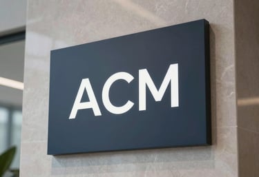Modern corporate lobby sign with sophisticated lighting, showing expert visual communication and ACM application. High contrast, minimalist design. Palette: #1A202C and #A0AEC0.