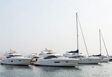 A clean, modern marina with several yachts docked, under a pale mist white sky, showing a professional maritime environment.