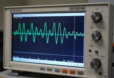 A sophisticated digital oscilloscope screen showing wave patterns, reflecting the technical precision of avionics testing, navy blue lighting.