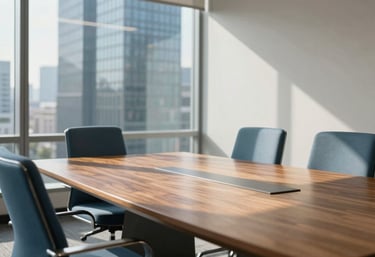A clean, bright photograph of a modern boardroom in a North American skyscraper with muted blue chairs and a polished wooden table, illuminated by morning sunlight.